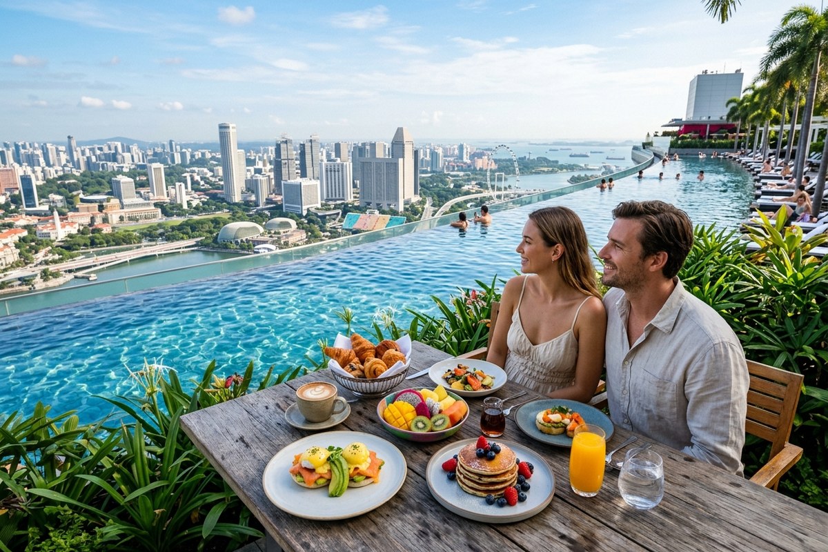57階から望むプールと絶景朝食の風景(スパゴ(マリーナベイ・サンズ)のイメージ)