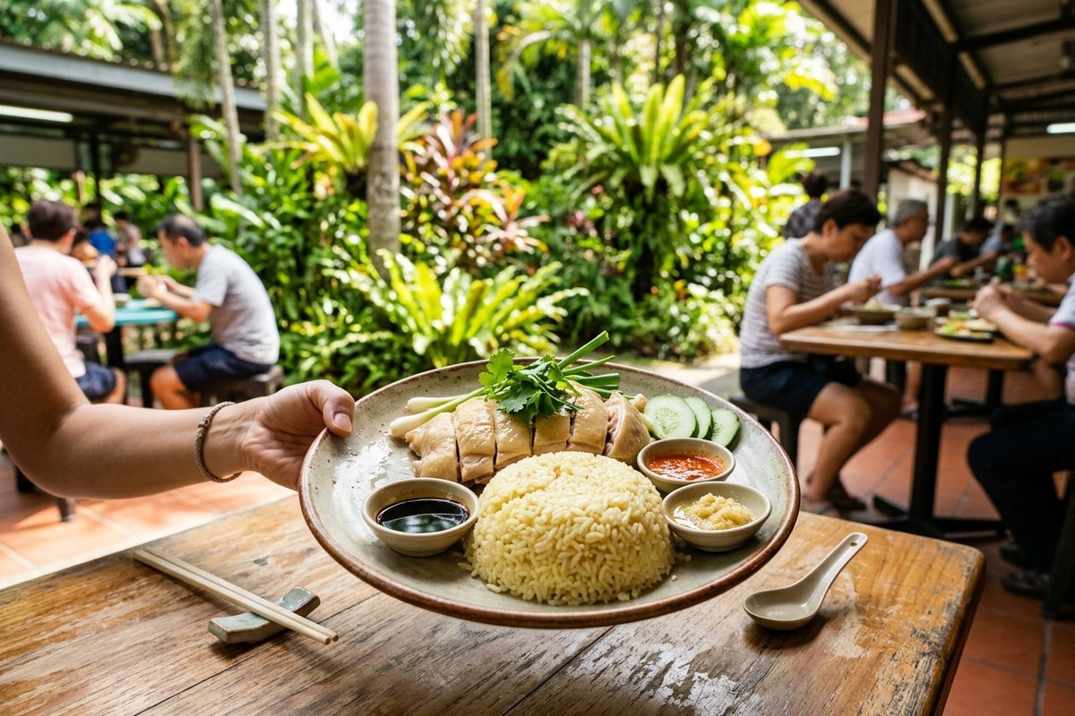 しっとり茹で上がった蒸し鶏とチキンライスの皿(ウルウル・サファリ・レストラン(ナイトサファリ)のイメージ)