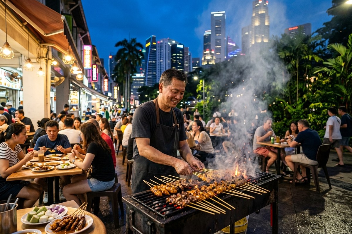 夜の道路に立ち上る煙とサテーを焼く屋台の熱気（ラオ・パ・サのイメージ）