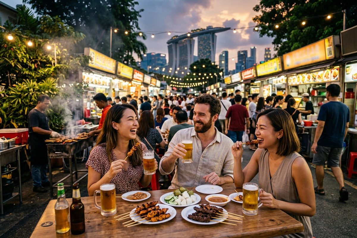 賑わう屋外サテー通りでビールを楽しむ旅行者（ラオ・パ・サのイメージ）