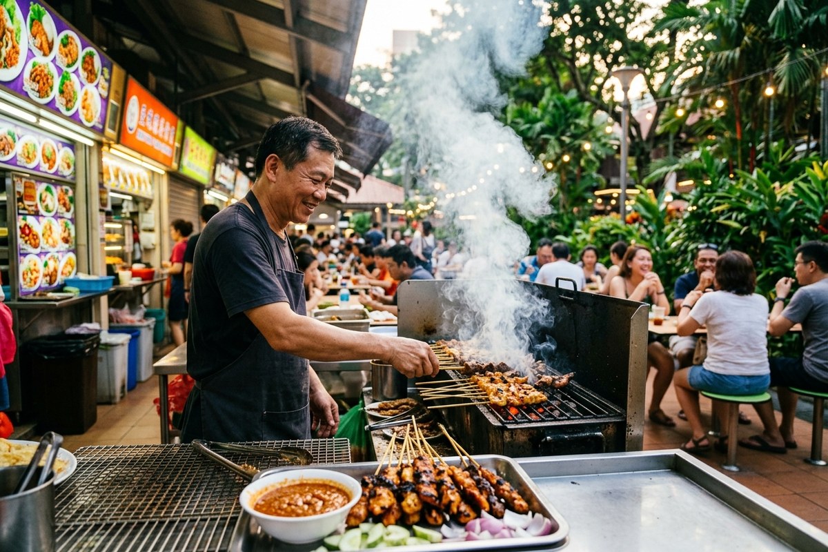 炭火で焼き上げられる香ばしいサテーの煙(ニュートン・フードセンターのイメージ)