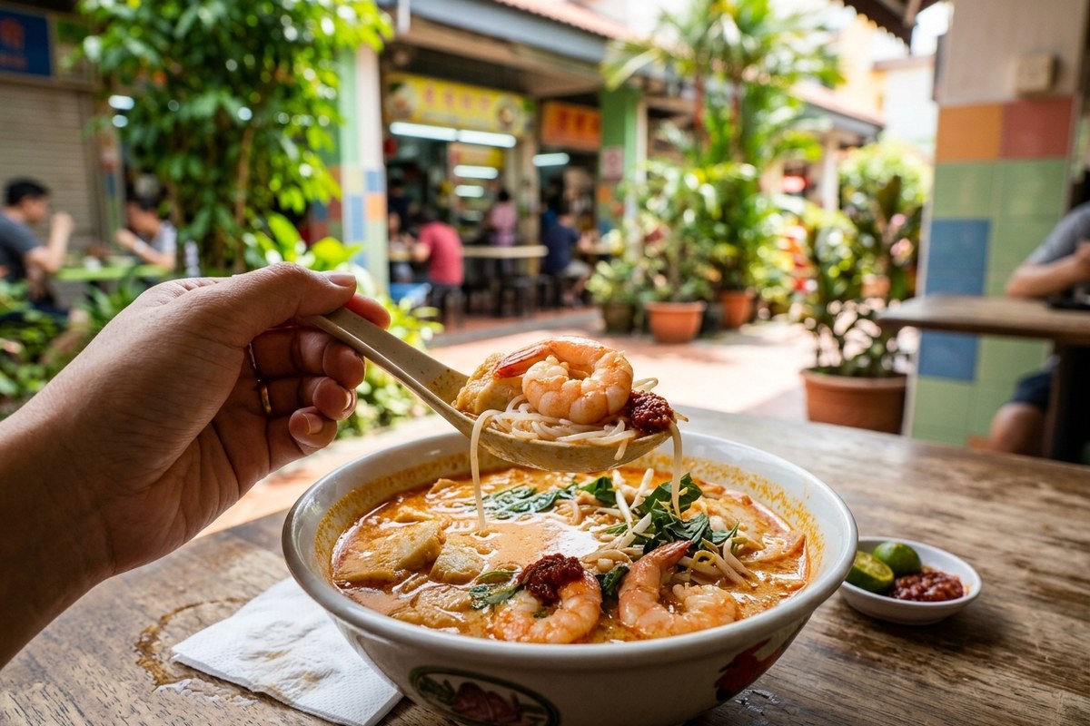 短く切られた麺とエビが浮かぶカトンラクサをレンゲですくう様子(328 カトン・ラクサのイメージ)