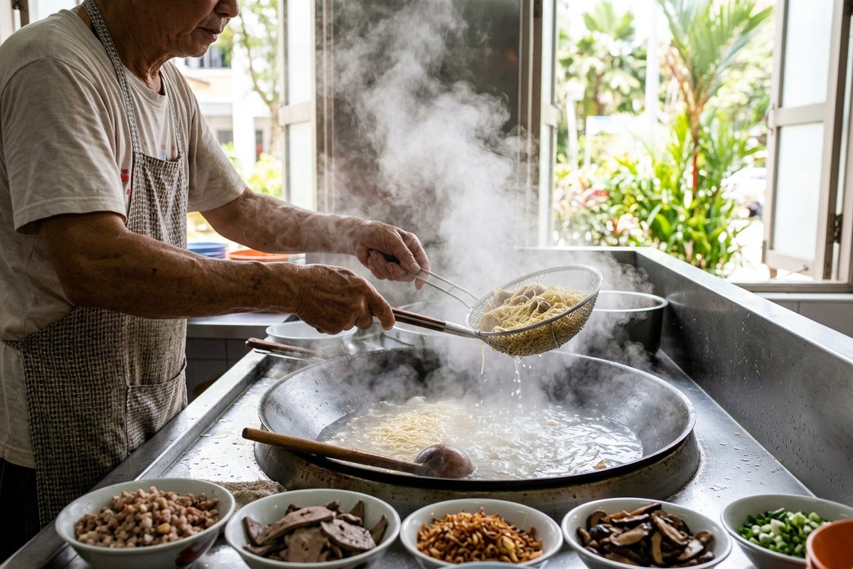 大きな釜で麺をゆで上げる店主の手元と蒸気が立ち上る調理場（ヒルストリート・タイホア・ポークヌードルのイメージ）