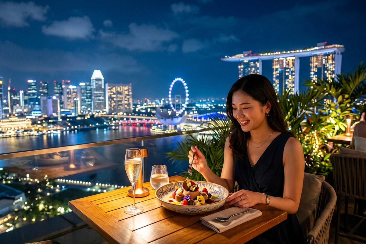 ライトアップされた夜景と華やかなデザートの一皿(セ・ラ・ヴィのイメージ)